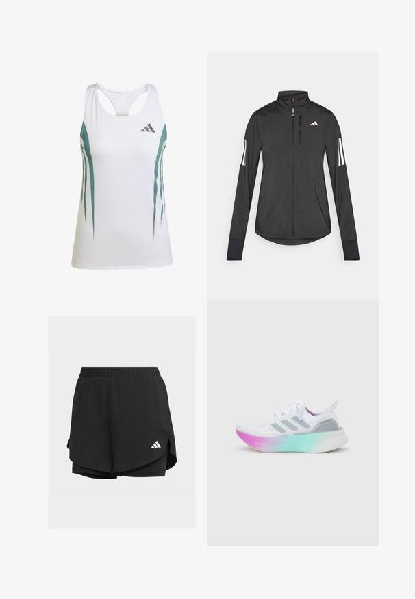 Zwarte sportjack gemaakt van lichtgewicht materiaal. Voorzien van een ritssluiting aan de voorkant, hoge kraag en drie witte strepen op elke mouw.; Witte sportieve tanktop met teal accenten en een geometrisch patroon. Beschikt over een racerback ontwerp en een lichte, gestructureerde stof.; Zwarte sportshorts met een elastische tailleband, gelaagd ontwerp, binnenste strakke shorts en een wit logo aan de onderzijde links.; Witte Adidas hardloopschoen met grijze strepen en een dikke zool die overgaat van roze naar groen, met de tekst "Lightboost" en "Ultraboost".