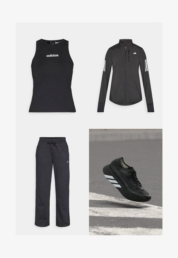 Veste de sport noire en matériau léger. Dotée d'une fermeture éclair sur le devant, d'un col haut et de trois rayures blanches sur chaque manche.; Haut sans manches noir en coton, avec un col rond et le logo "adidas" blanc centré sur la poitrine. Texture lisse, coupe normale.; Pantalon de survêtement noir en tissu doux, avec une taille élastique, un cordon de serrage et un petit logo sur la jambe gauche.; Chaussure de course noire avec des bandes blanches sur la semelle, flottant au-dessus de l'asphalte avec des marquages routiers blancs, soulevant de petits débris.