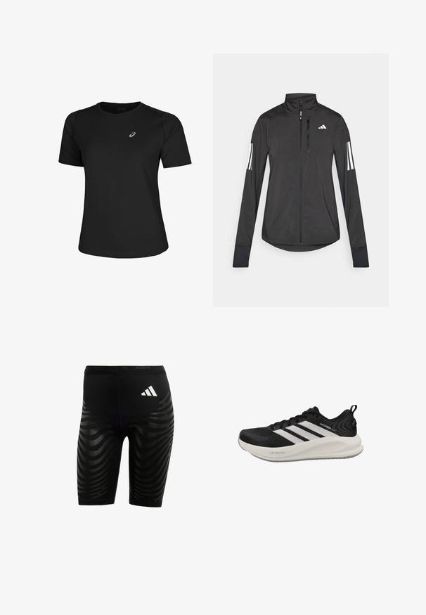 Schwarze Sportjacke aus leichtem Material. Mit einem Frontreißverschluss, hohem Kragen und drei weißen Streifen an jedem Ärmel.; Schwarzes Sport-T-Shirt aus glattem Material, mit Rundhalsausschnitt und kurzen Ärmeln. Es verfügt über ein reflektierendes Logo auf der linken Vorderseite.; Schwarze sportliche Shorts mit einem strukturierten Design und wellenförmigen Streifen. Weißes Logo am Bund, aus feuchtigkeitsableitendem Material.; Schwarz-weißer Adidas Supernova Laufschuh mit Mesh-Obermaterial, drei Streifen, gepolsterter Sohle mit der Aufschrift Dreamstrike und Fersenzuglasche.
