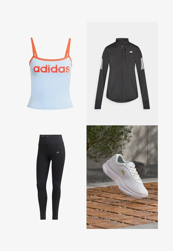 Must mustriga mustrin, millel on esiküljel lukuga, kõrge krae ja igal varrukal kolm valget triipu.; Helehelesinine tank top oranži äärisega, millel on rinnal julge punane "adidas" logo. Valmistatud pehmest ja venivast kangast. Õhukesed rihmad.; Mustad mustad koos kõrge vöökoht, nöördetail ja küljetaskud. Valmistatud siledast kangast, millel on peegeldav logoaktsent.; Valge sportlik toss kuldse logoga, hõljub mustrilise puidupõranda kohal, häguse roheluse ja betoonist taustaga.
