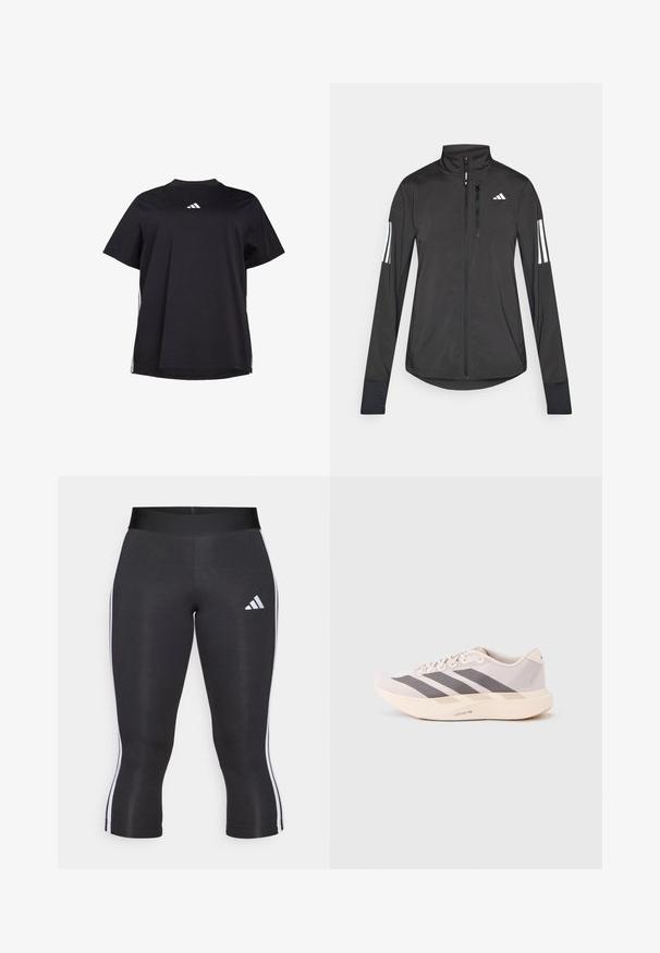 Schwarze Sportjacke aus leichtem Material. Mit einem Frontreißverschluss, hohem Kragen und drei weißen Streifen an jedem Ärmel.; Schwarzes T-Shirt mit kurzen Ärmeln aus weichem Stoff, ausgestattet mit einem weißen horizontalen Akzent an den Seiten und einem weißen Logo auf der Brust.; Schwarze Capri-Leggings mit breitem Bund, versehen mit weißen seitlichen Streifen und einem weißen Adidas-Logo auf dem linken Oberschenkel. Glatte Textur.; Leichte Sportsneaker in zartem Rosa und Grau mit einem Obermaterial aus Mesh, drei dunklen Streifen und einer dicken, cremefarbenen Sohle mit der Aufschrift "LIGHTSTRIKE PRO".