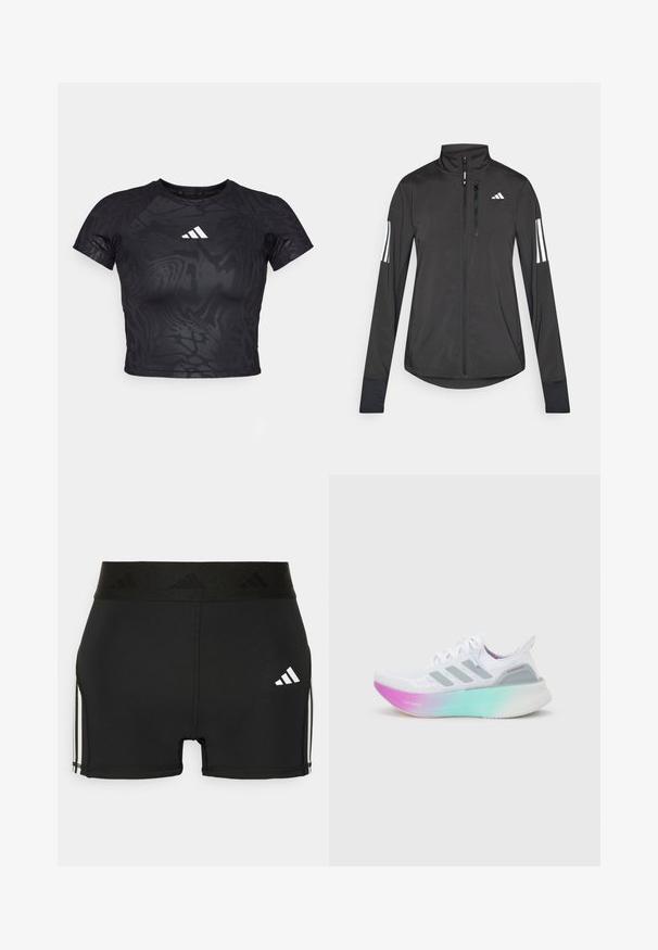 Sort atletisk jakke lavet af let materiale. Har en frontlynlås, høj krave og tre hvide striber på hver ærme.; Sort cropped atletisk t-shirt med et struktureret mønster, korte ærmer og et hvidt logo på brystet. Materialet ser glat og fleksibelt ud.; Sorte atletiske shorts lavet af strækbart materiale. Har en bred sort talje med præget logo og hvide sidestriber.; Hvid Adidas løbesko med grå striber og en tyk sål, der går fra pink til grøn, med teksten "Lightboost" og "Ultraboost".