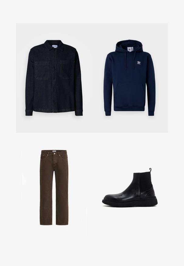 Donker denim overhemd met een kraag, lange mouwen, twee borstzakken en knoopsluiting aan de voorkant. Voorzien van een stevige, gestructureerde stof.; Marineblauwe hoodie van zacht, gestructureerd stof. Voorzien van een buidelzak aan de voorkant, een capuchon met trekkoord en een wit logo op de borst. Eenvoudig ontwerp.; Bruine denim jeans met een recht gesneden pasvorm, vijf zakkenontwerp en metalen details. Voorzien van een knoopsluiting en een merklabel op de tailleband.; Zwarte leren Chelsea-boot met elastische zijpaneel, trekband bij de hiel, ronde neus en dikke rubberen zool.