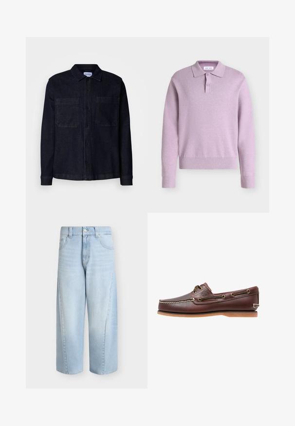 Donker denim overhemd met een kraag, lange mouwen, twee borstzakken en knoopsluiting aan de voorkant. Voorzien van een stevige, gestructureerde stof.; Lila met lange mouwen gebreide polotrui met twee knopen op de knoopsluiting en geribde boorden en zoom tegen een effen achtergrond.; Lichtblauwe denim jeans met wijde pijpen, voorzakken, riemlussen, knoopsluiting en een cropped lengte.; Bruine leren bootschoen met witte stiksels, veterdetails en beige rubberen zool, zijaanzicht op een witte achtergrond.