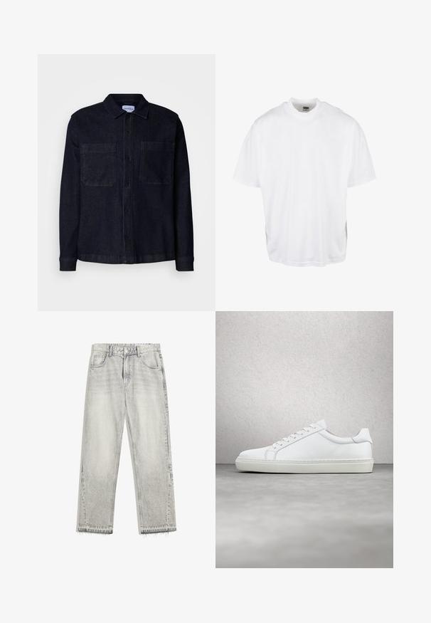 Dunkelblaues Denim-Hemd mit Kragen, langen Ärmeln, zwei Brusttaschen und durchgehender Knopfleiste. Aus robustem, strukturiertem Stoff gefertigt.; Weißes Baumwoll-T-Shirt mit lockerer Passform, kurzen Ärmeln und rundem Halsausschnitt, mit geradem Saum und ohne sichtbare Grafiken oder Muster.; Hellgraue Jeans aus Denim mit leicht gefärbtem Finish, geradem Schnitt, fünf Taschen-Design und ausgefranstem Saum. Flacher Bund mit Gürtelschlaufen.; Weißer Sneaker mit glattem Lederobermaterial und niedrigem Profil. Verfügt über eine runde Zehenpartie, sechs Ösen und eine strukturierte Gummisohle.