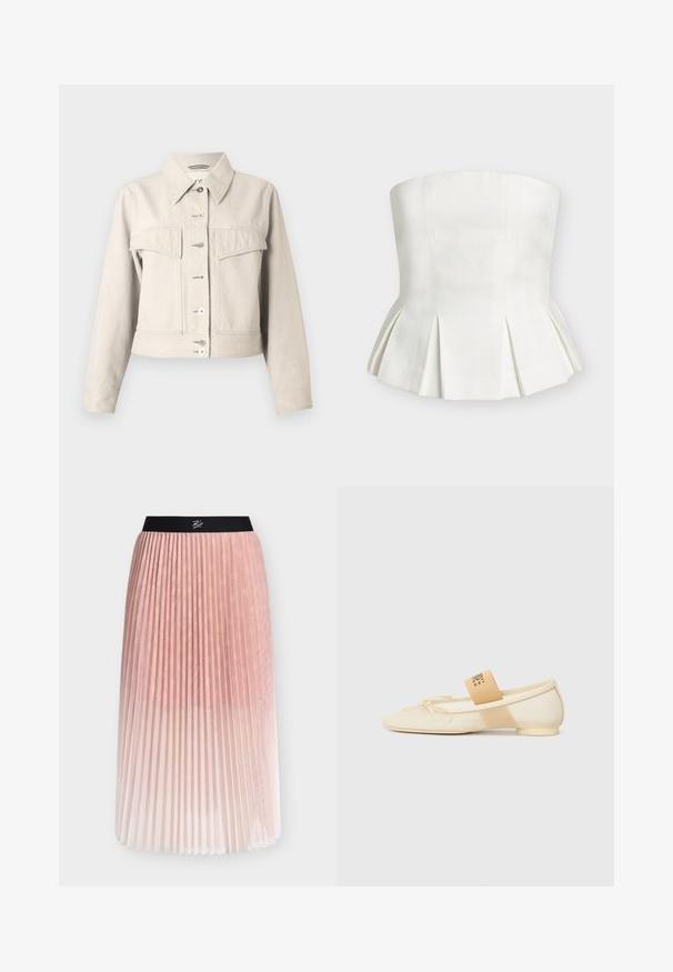 Beige denim jacket with a pointed collar, chest pockets, button closure, and long sleeves. Smooth texture with minimal stitching details.; Strapless white corset-style top with structured seams and pleated accents at the waist, displayed on a plain background.; Pink pleated midi skirt with black elastic waistband featuring white scripted logo detail.; Cream-colored flat shoe with a pointed toe, lace-up detail, and a decorative strap with logo on the side. Smooth texture, low heel.