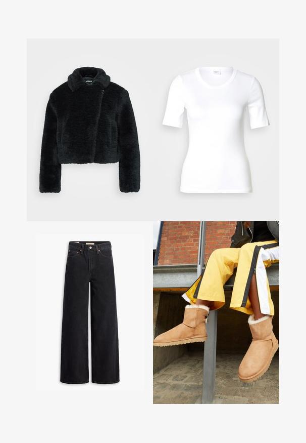 Veste en fausse fourrure noire raccourcie avec une texture douce, un large col et des manches longues. Elle dispose d'une fermeture sur le côté pour un enfilage facile.; T-shirt blanc à manches courtes en coton lisse, doté d'un col rond et d'une coupe ajustée. Design classique, sans motifs ni accents.; Jean noir à jambe large en denim, comportant cinq poches, des rivets en laiton et une fermeture à bouton classique. Texture lisse avec un design épuré.; Bottines en suede marron clair avec doublure intérieure duveteuse et semelles en caoutchouc plates, exposées à côté d'un pantalon de sport jaune avec des rayures noires et blanches.