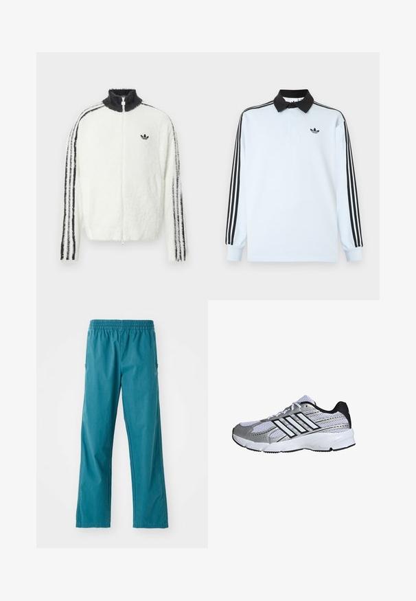 Plyšová zipsová bunda v bielej farbe s vysokým golierom, čiernym logom Adidas a čiernymi pruhmi po stranách rukávov. Mäkká textúra a voľný strih.; Svetlomodré polo tričko s dlhým rukávom, čiernym golierom, tromi čiernymi pruhmi na rukávoch a malým čiernym logom na hrudi.; Tyrkysové nohavice z ľahkého materiálu, s elastickým pásom a rovný strih, vybavené bočnými vreckami.; Mriežkovaná športová obuv v bielej a striebornej farbe, s čiernymi detailmi, logom troch bielych pruhov, polstrovaným golierom a textúrovanou gumovou podrážkou.