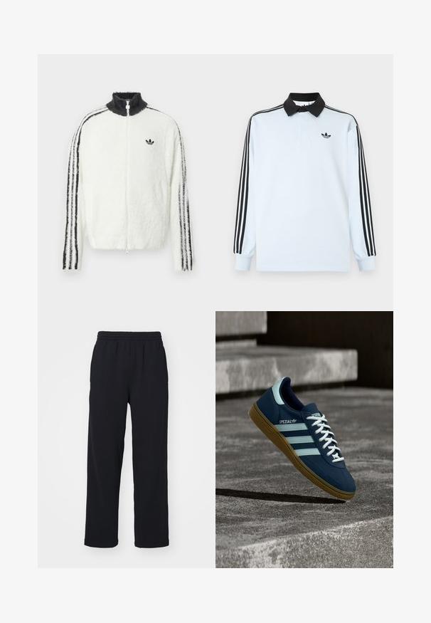 Fluffy zip-up jas in het wit met een hoge kraag, zwart Adidas-logo en zwarte strepen langs de mouwen. Zachte textuur en een ontspannen pasvorm.; Lichtblauw poloshirt met lange mouwen, een zwarte kraag, drie zwarte strepen op de mouwen, en een klein zwart logo op de borst.; Zwarte sweatpants met een elastische tailleband, rechte benen en gestikte details. Gemaakt van zachte, textuurstof.; Blauwe Adidas Spezial sneaker met witte strepen en veters, gumzool, zwevend boven een ruwe betonnen oppervlakte en trappen op de achtergrond.