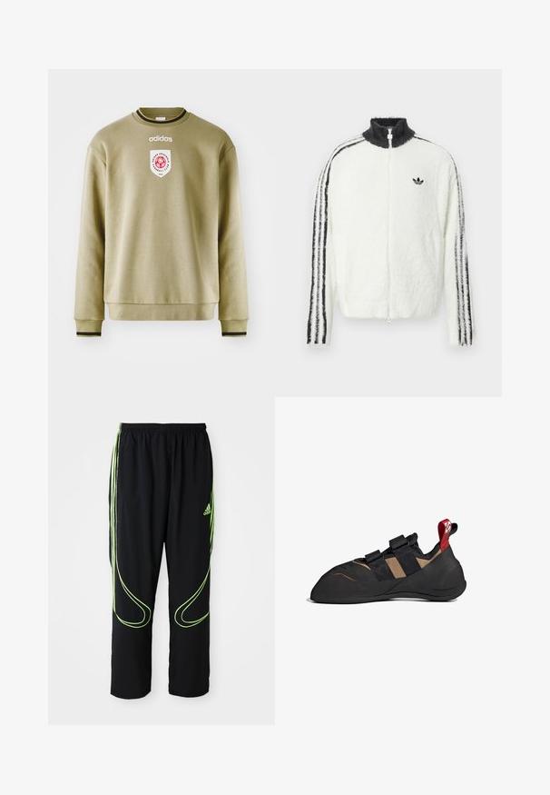 Valkoinen karvainen vetoketjuhuppari, jossa on korkea kaulus, musta Adidas-logo ja mustat raidat hihoissa. Pehmeä texture ja rento istuvuus.; Oliivinvihreä collegepaita pyöreällä kauluksella, ribbaustuilla hihoilla ja helmalla. Varustettu brodeeratulla logolla ja punaisilla yksityiskohdilla. Sileä pinta.; Musta Adidas urheiluhousut neonvihreillä kaariviivoilla ja kolmella raidalla sivuilla, joustava vyötärönauha ja Adidas-logo etureidessä.; Kiipeilykengät, joissa on musta ja ruskea synteettinen päällinen, kaksi tarranauhaa, kumipohja ja punainen vetoketju kantapäässä.