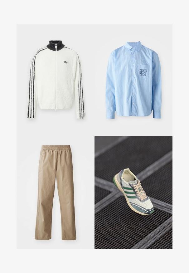 Plyšová zipsová bunda v bielej farbe s vysokým golierom, čiernym logom Adidas a čiernymi pruhmi po stranách rukávov. Mäkká textúra a voľný strih.; Svetlomodrá pruhovaná košeľa s dlhým rukávom, ktorá má náprsné vrecko s výšivkou "OBEY" v tučnom čiernom písmene.; Béžové ľahké nohavice s elastickým pásom, rovnými nohavicami a bočnými vreckami. Hladká textúra s jemnými švami.; Biele a zelené sieťované tenisky s béžovými šnúrkami levitujú nad tmavým kovovým mriežkovaním na podlahe.