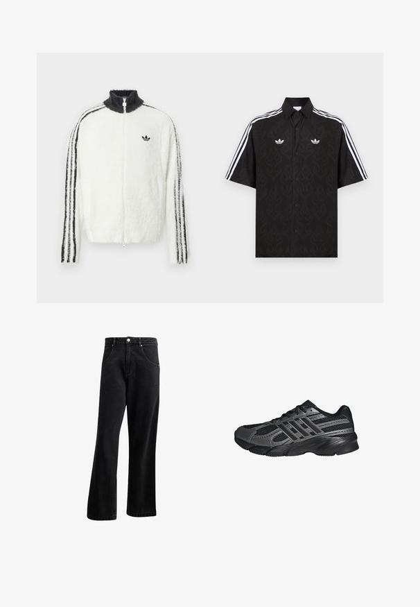 Furry lynlåsjakke i hvid med høj krave, sort Adidas-logo og sorte striber langs ærmerne. Blød tekstur og afslappet pasform.; Sort kortærmet skjorte med knapper og et subtilt flammemønster, hvide Adidas trefoil-logoer på brystet og hvide tre striber på ærmerne.; Sorte denim jeans med straight-leg design, der har frontlommer, en knaplukning og en let tekstur. Inkluderer en diskret logo detalje.; Sorte træningssko lavet af mesh og syntetiske materialer, med en tekstureret overflade, flere grå striber og en polstret krave.