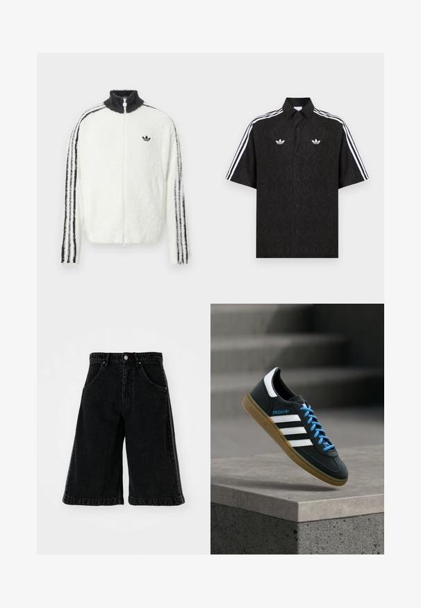 Furry lynlåsjakke i hvid med høj krave, sort Adidas-logo og sorte striber langs ærmerne. Blød tekstur og afslappet pasform.; Sort kortærmet skjorte med knapper og et subtilt flammemønster, hvide Adidas trefoil-logoer på brystet og hvide tre striber på ærmerne.; Sorte denimshorts med bred ben-design, der har høj talje, bæltestropper og forlommer. Minimalistisk syninger og hardware detaljer.; Sort Adidas sneaker med hvide striber, blå snørebånd og gummisål, der svæver over gråt betontrin i blødt lys.