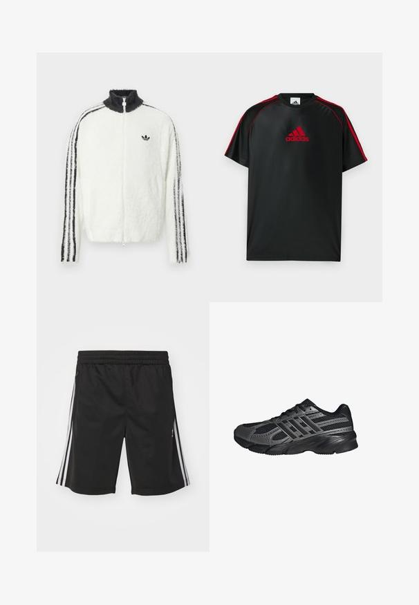 Furry lynlåsjakke i hvid med høj krave, sort Adidas-logo og sorte striber langs ærmerne. Blød tekstur og afslappet pasform.; Sort atletisk t-shirt med røde detaljer og logo. Fremstillet af glat, let stof. Har rund hals og korte ærmer.; Sorte sportsshorts med elastisk talje, med hvide sidestriber og en glat stofstruktur. Ingen yderligere dekorationer.; Sorte træningssko lavet af mesh og syntetiske materialer, med en tekstureret overflade, flere grå striber og en polstret krave.