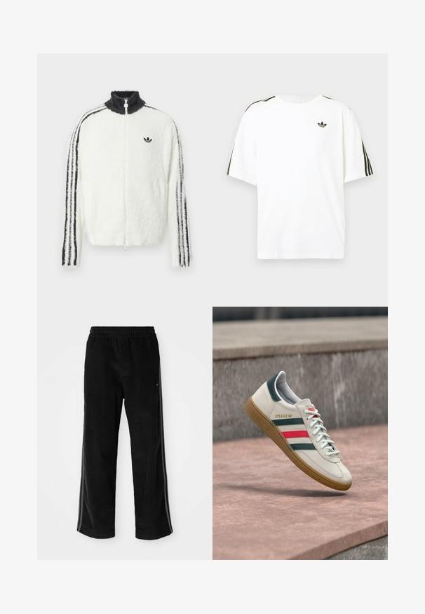 Furry lynlåsjakke i hvid med høj krave, sort Adidas-logo og sorte striber langs ærmerne. Blød tekstur og afslappet pasform.; Hvid bomuld t-shirt med korte ærmer, prydet med sorte tre-stribede detaljer på skuldrene og et lille sort logo på brystet.; Sorte fløjl bukser med en afslappet pasform, der har en elastisk talje og sidelister. Glat tekstur med lodret ribbet detalje.; Hvid Adidas sneaker med grønne og røde striber, gummisål og "SPEZIAL" branding, der svæver over stensat belægning.