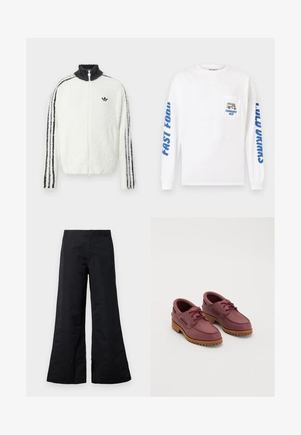 Fluffy zip-up jas in het wit met een hoge kraag, zwart Adidas-logo en zwarte strepen langs de mouwen. Zachte textuur en een ontspannen pasvorm.; Wit longsleeve shirt van katoen. Heeft blauwe tekst op de mouwen en een zak met een afbeelding van een foodtruck en de tekst "Carhartt WIP."; Zwarte broek met wijde pijpen van gladde stof, met voorplooien en een tailleband. Een schoon ontwerp zonder zichtbare patronen of accenten.; Een paar wijnrode leren bootschoenen met dikke tan rubberen zolen en rode veters op een witte achtergrond.