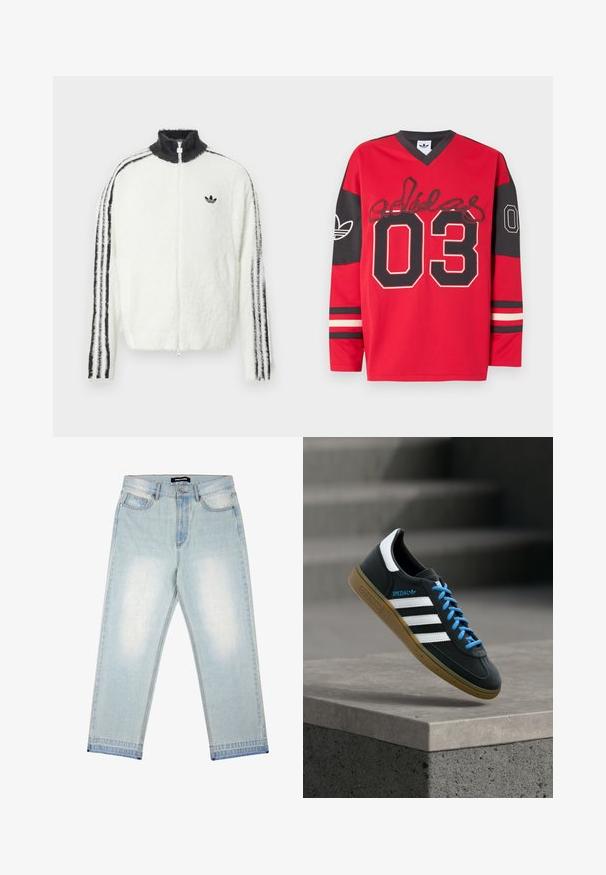 Furry lynlåsjakke i hvid med høj krave, sort Adidas-logo og sorte striber langs ærmerne. Blød tekstur og afslappet pasform.; Rød og sort langærmet sportstrøje med "03" i store tal, Adidas-logo på ærmerne og signaturstil tekst på tværs af brystet.; Pegador BARROW - Loose-jeans - sand washed blue; Sort Adidas sneaker med hvide striber, blå snørebånd og gummisål, der svæver over gråt betontrin i blødt lys.
