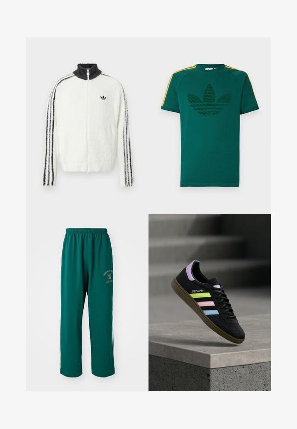 Plyšová zipsová bunda v bielej farbe s vysokým golierom, čiernym logom Adidas a čiernymi pruhmi po stranách rukávov. Mäkká textúra a voľný strih.; Zelené tričko s krátkym rukávom s tmavozeleným logom trefoil značky Adidas a žltými pruhmi na ramenách na bielom pozadí.; Zelené športové nohavice vyrobené z hladkej tkaniny, s elastickým pásom, potlačou loga na jednej strane a bielymi postrannými pruhmi. Štandardný strih.; Čierna teniska Adidas Spezial s pastelovo žltými, ružovými a modrými pruhmi, levanduľovým jazýčkom na päte a hnedou podrážkou, vznášajúca sa nad betónovou hranou.