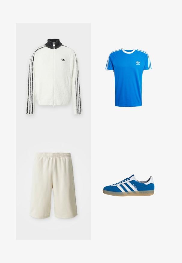 Flauschige weiße Zip-Jacke mit hohem Kragen, schwarzem Adidas-Logo und schwarzen Streifen an den Ärmeln. Weicher Stoff und entspannte Passform.; Blaues Baumwoll-T-Shirt mit weißem geripptem Rundhalsausschnitt und ärmelsäumen. Verfügt über drei klassische weiße Streifen entlang der Schultern; kleines Logo auf der Brust.; Helle beige Sportshorts mit elastischem Bund, glatter Textur und dezentem Logodetail an der unteren linken Seite. Ohne Taschen.; Blauer und weißer Adidas Gazelle Sneaker mit Gummisohle und drei weißen Streifen, aus der Seitenansicht auf weißem Hintergrund.