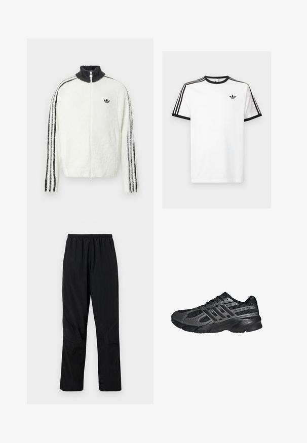 Plyšová zipsová bunda v bielej farbe s vysokým golierom, čiernym logom Adidas a čiernymi pruhmi po stranách rukávov. Mäkká textúra a voľný strih.; Biela bavlnená tričko s čiernym žebrovaným výstrihom a rukávmi, s tromi čiernymi pruhmi na každom pleci a malým logom na hrudi.; Čierne nylonové nohavice s elastickým pásom, s ľahkým textúrovaným povrchom a akcentmi na švoch pre moderný dizajn.; Čierne športové topánky vyrobené z pletiva a syntetických materiálov, s textúrovaným povrchom, viacerými šedými pruhmi a polstrovaným golierom.
