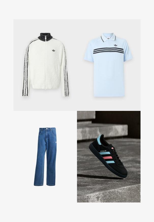 Chaqueta de felpa con cremallera en blanco, con cuello alto, logo de Adidas en negro y rayas negras a lo largo de las mangas. Textura suave y corte relajado.; Polo azul claro de tela texturizada con franjas negras de acento y un logo negro en el pecho. Presenta un diseño con cuello de solapa.; Vaqueros de mezclilla anchos de talle alto en azul, con bolsillos frontales, presillas para cinturón, cierre de botón y pequeño logo de Adidas en el muslo derecho.; Zapatilla negra Adidas Spezial con rayas azules y rosas, flotando sobre una superficie de hormigón gris texturizada con sombra debajo.