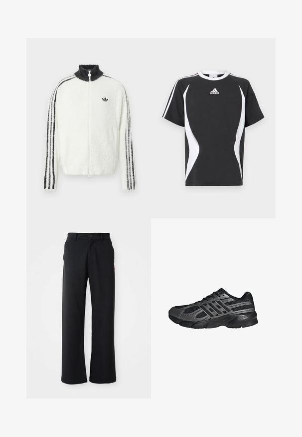 Flauschige weiße Zip-Jacke mit hohem Kragen, schwarzem Adidas-Logo und schwarzen Streifen an den Ärmeln. Weicher Stoff und entspannte Passform.; Schwarzes kurzärmeliges T-Shirt mit weißen Designakzenten und Adidas-Logo auf der Brust. Hergestellt aus weichem Baumwollmaterial mit Rundhalsausschnitt.; Schwarze gerade geschnittene Hose mit Knopf- und Reißverschluss, Gürtelschlaufen und seitlichen Taschen, vor einem weißen Hintergrund präsentiert.; Schwarze Sportschuhe aus Netz- und synthetischem Material, mit einer strukturierten Oberfläche, mehreren grauen Streifen und einem gepolsterten Schaft.