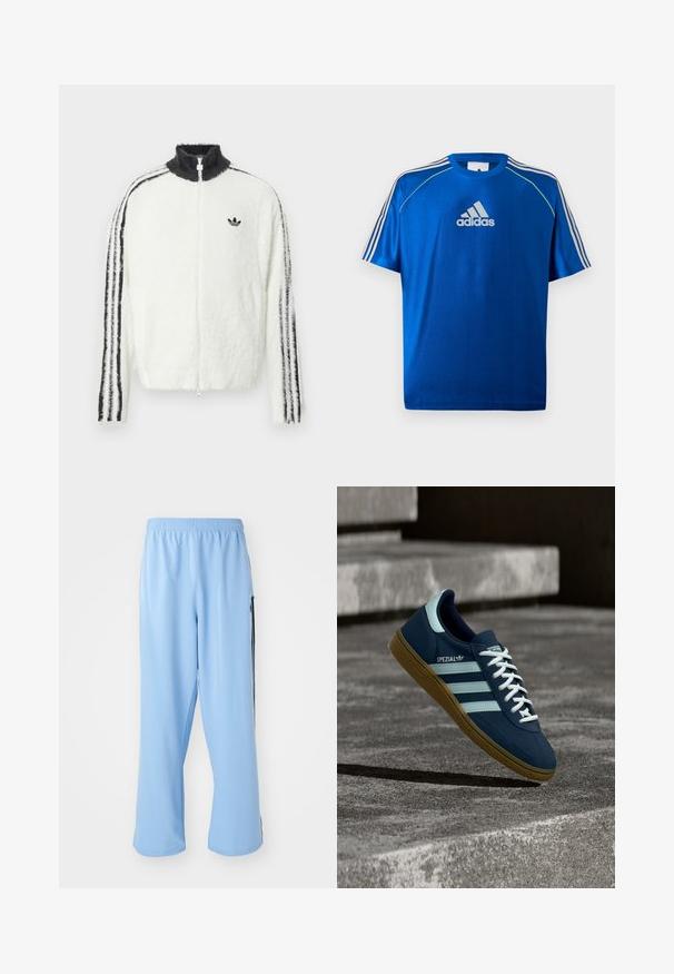 Plyšová zipsová bunda v bielej farbe s vysokým golierom, čiernym logom Adidas a čiernymi pruhmi po stranách rukávov. Mäkká textúra a voľný strih.; Modré športové tričko Adidas s bielym logom na hrudi, bielymi pruhmi na ramenách a neónovo žltým lemovaním na švových ramenách.; Svetlo modré športové nohavice vyrobené z hladkej látky, s elastickým pásom a kontrastnými čiernymi bočnými pruhmi.; Modré tenisky Adidas Spezial s bielymi pruhmi a šnúrkami, gumovou podrážkou, plávajúce nad drsným betónovým povrchom a schodmi v pozadí.