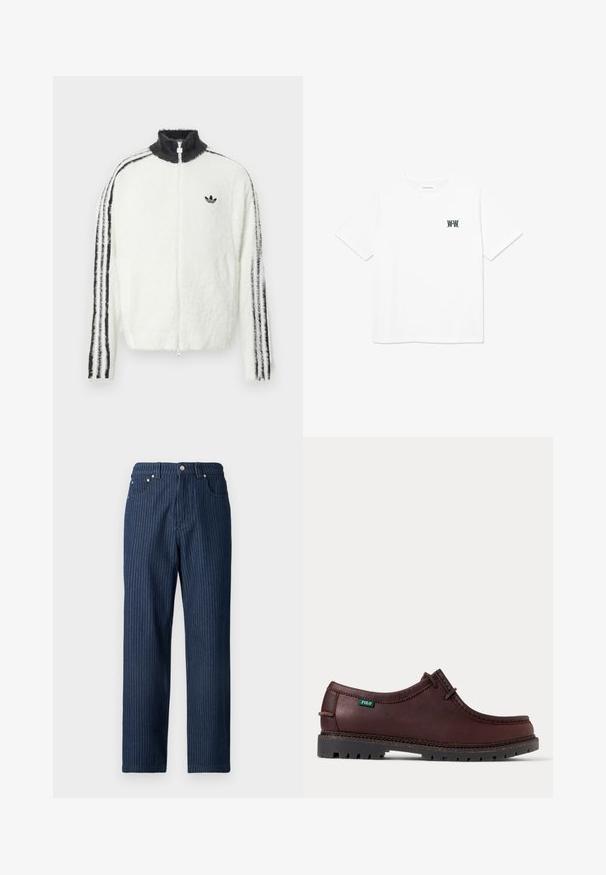 Valkoinen karvainen vetoketjuhuppari, jossa on korkea kaulus, musta Adidas-logo ja mustat raidat hihoissa. Pehmeä texture ja rento istuvuus.; Valkoinen puuvillainen t-paita, jossa vasemmassa rinnassa pieni vihreä "WWW"-logo, tavallinen pyöreä pääntie ja lyhyet hihat.; Tummansininen denimpanta, jossa on pystysuorat valkoiset pikkutikkaukset, suorat lahkeet, viisi taskua ja metallinen koristus vyötäröllä.; Tummanruskea nahkainen mokkasiinityylinen kenkä, jossa musta kestävä pohja ja vihreä Polo-logotunniste sivulla, sivuprofiilissa.