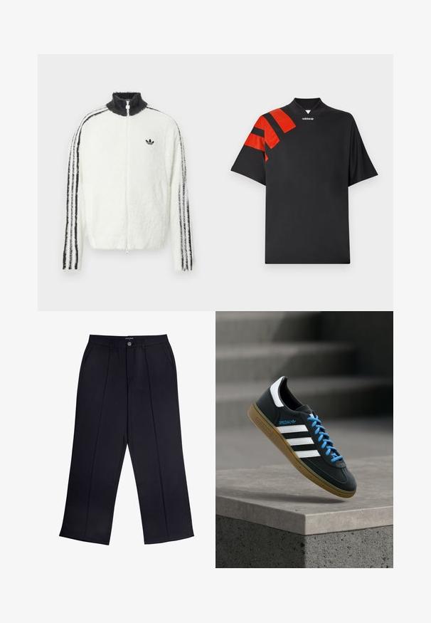 Furry lynlåsjakke i hvid med høj krave, sort Adidas-logo og sorte striber langs ærmerne. Blød tekstur og afslappet pasform.; Sort kortærmet t-shirt med høj krave, med røde blanke accenter og diagonale striber på venstre skulder. Glat tekstur.; Sorte viddebukser lavet af glat stof med lynlås og knaplukning samt forlommer. Bemærkelsesværdige folder ned ad hvert ben.; Sort Adidas sneaker med hvide striber, blå snørebånd og gummisål, der svæver over gråt betontrin i blødt lys.