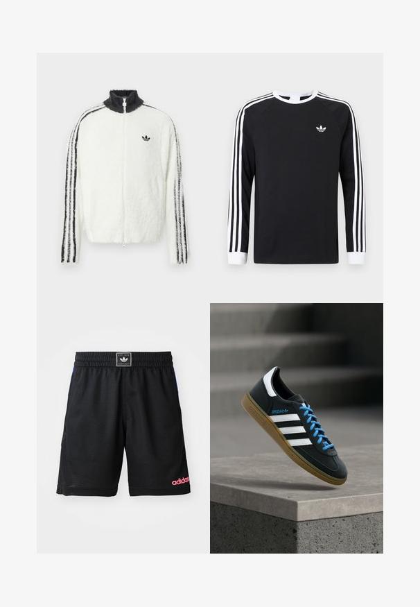 Flauschige weiße Zip-Jacke mit hohem Kragen, schwarzem Adidas-Logo und schwarzen Streifen an den Ärmeln. Weicher Stoff und entspannte Passform.; Schwarzes langärmeliges T-Shirt mit weißem Drei-Streifen-Design an den Ärmeln. Mit rundem Ausschnitt und kleinem weißem Logo auf der Brust.; Schwarze Sportshorts aus strukturiertem, atmungsaktivem Material. Mit einem elastischen Bund und einem pinken "adidas"-Logo auf der unteren rechten Seite.; Schwarzer Adidas-Sneaker mit weißen Streifen, blauen Schnürsenkeln und Gummisohle, der über einer grauen Betontreppe im weichen Licht schwebt.