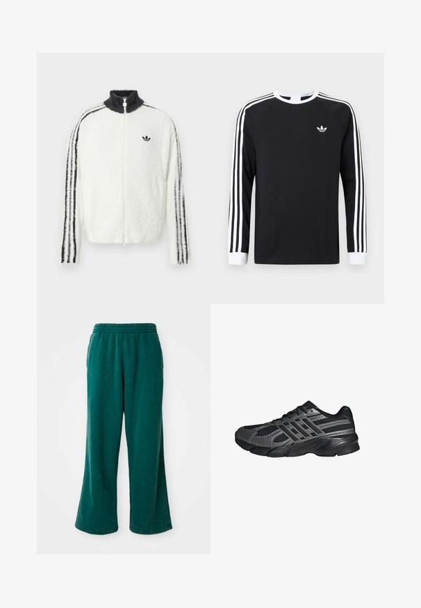Plyšová zipsová bunda v bielej farbe s vysokým golierom, čiernym logom Adidas a čiernymi pruhmi po stranách rukávov. Mäkká textúra a voľný strih.; Čierne tričko s dlhým rukávom a bielym trojpásovým dizajnom na rukávoch. Má okrúhly výstrih a malý biely logo na hrudi.; Zelené široké teplákové nohavice s mäkkou textúrou, s elastickým pásom a bočnými vreckami. Odolný materiál s voľným strihom.; Čierne športové topánky vyrobené z pletiva a syntetických materiálov, s textúrovaným povrchom, viacerými šedými pruhmi a polstrovaným golierom.