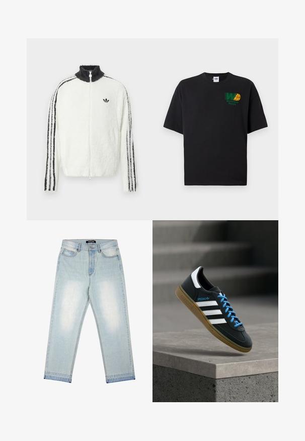 Fluffy zip-up jas in het wit met een hoge kraag, zwart Adidas-logo en zwarte strepen langs de mouwen. Zachte textuur en een ontspannen pasvorm.; Zwarte katoenen t-shirt met korte mouwen. Heeft een groen en geel "Worldwide Hoops" graphic op de voorkant. Losse pasvorm, ronde halslijn.; Pegador BARROW - Wijde jeans - sand washed blue; Zwarte Adidas-sneaker met witte strepen, blauwe veters en een gumzool die boven een grijze betonnen trede zweeft in zacht licht.