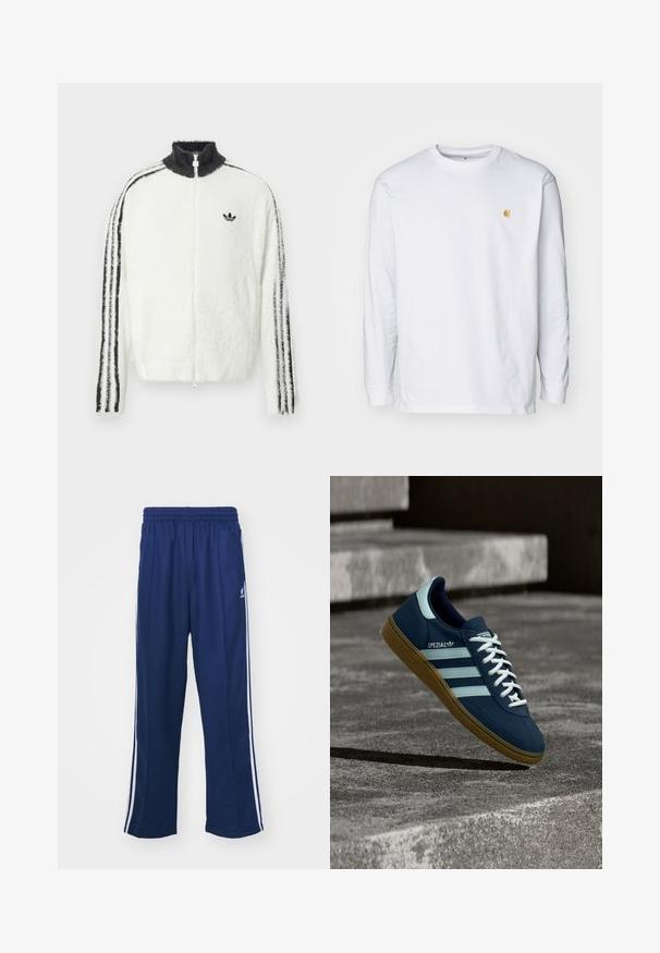 Furry lynlåsjakke i hvid med høj krave, sort Adidas-logo og sorte striber langs ærmerne. Blød tekstur og afslappet pasform.; Hvid langærmet t-shirt lavet af bomuld. Har et lille gyldent logo på brystet og en rund halsudskæring. Enkel design og standard pasform.; Marineblå sportbukser med en afslappet pasform, udstyret med hvide sidestativer og elastisk talje. Glat stof, ingen synlige mønstre eller hardware.; Blå Adidas Spezial sneaker med hvide striber og snørebånd, gummisål, svævende over en ru betongoverflade og trin i baggrunden.