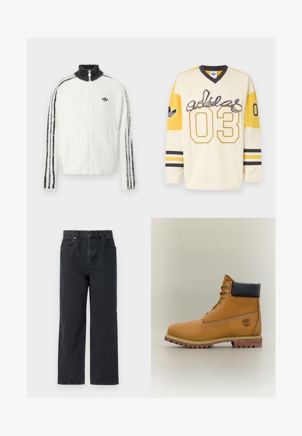 Veste zippée en fourrure blanche avec un col haut, logo Adidas noir et rayures noires le long des manches. Texture douce et coupe décontractée.; Maillot de sport Adidas à manches longues de couleur crème et jaune avec script "adidas", numéro 03 sur le devant et les manches, col en V noir et poignets rayés.; Pantalons en denim bleu foncé à jambe large, avec un design à cinq poches et une fermeture à bouton. Comprend des accessoires en ton cuivre et une texture subtile.; Bottine en cuir marron avec col noir, lacets jaunes et semelle beige. Présente un logo et des détails de couture blanche. Semelle extérieure à traction robuste.