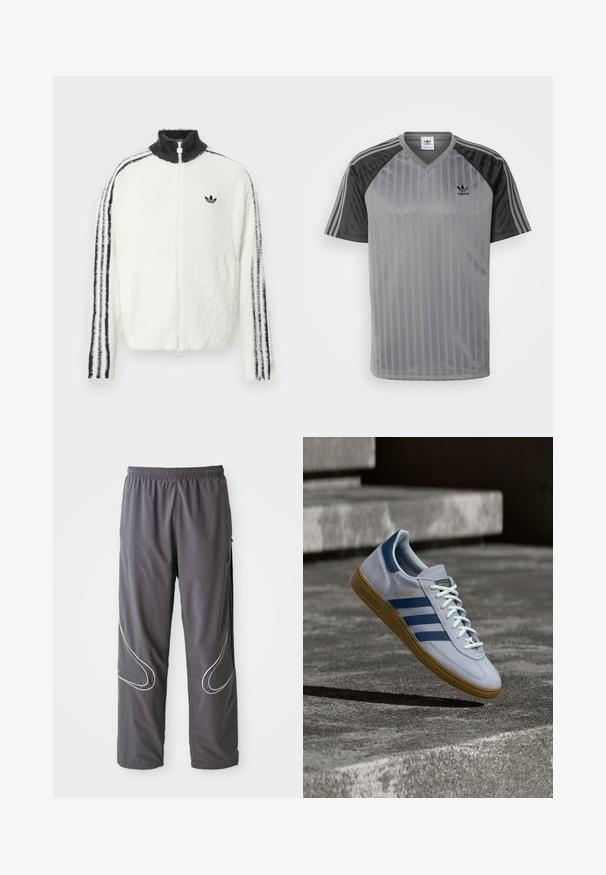 Chaqueta de felpa con cremallera en blanco, con cuello alto, logo de Adidas en negro y rayas negras a lo largo de las mangas. Textura suave y corte relajado.; adidas Originals Camiseta estampada - black/grey; Pantalones deportivos grises para hombre con cintura elástica, bolsillos con cremallera y acentos reflectantes blancos en los laterales. Textura ligera y suave.; Zapatilla Adidas Spezial azul claro con rayas azul marino y suela de goma, mostrada en el aire sobre escalones de hormigón en un entorno exterior neutral.