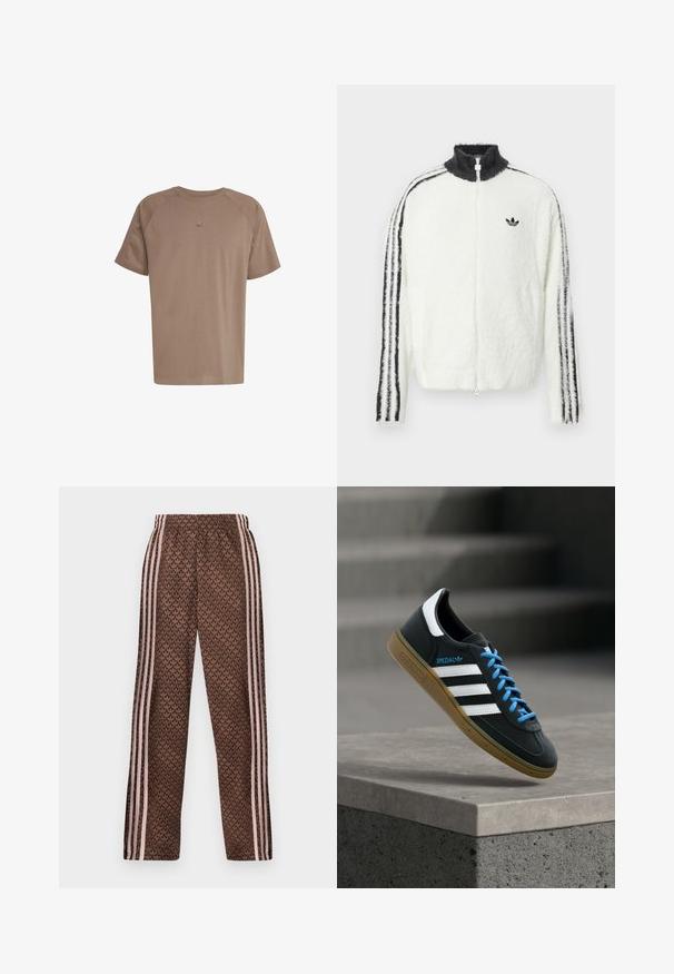 Furry lynlåsjakke i hvid med høj krave, sort Adidas-logo og sorte striber langs ærmerne. Blød tekstur og afslappet pasform.; adidas Originals TEE - T-shirts basic - earth strata; Brune træningsbukser med lyserøde lodrette striber på siderne og et gentaget løvmønster over det hele, elastisk talje, lige ben pasform.; Sort Adidas sneaker med hvide striber, blå snørebånd og gummisål, der svæver over gråt betontrin i blødt lys.