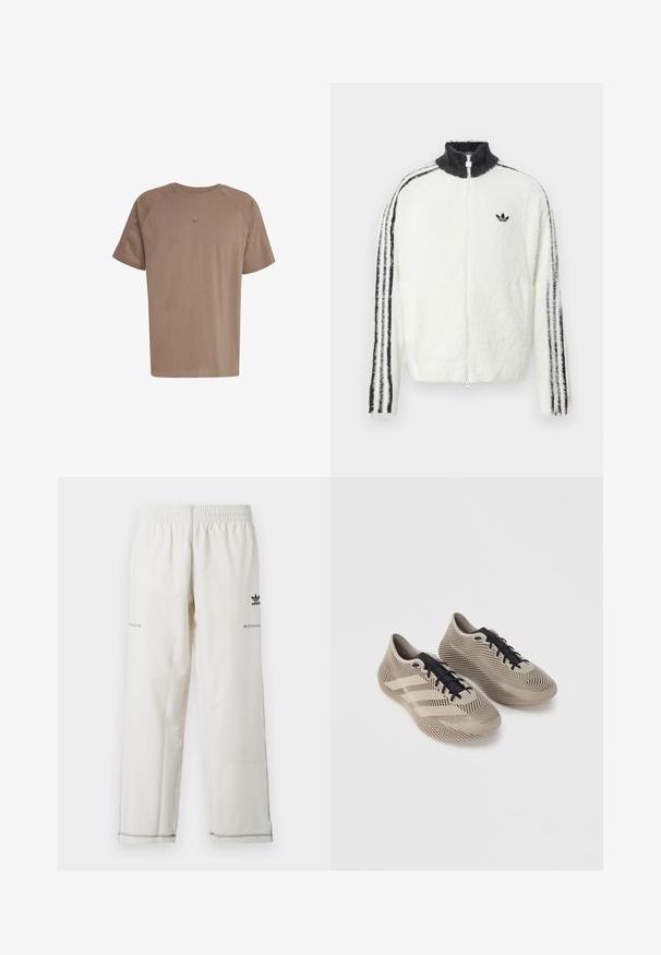 Karvane tõmblukuga jope valges värvuses, kõrge kraega, musta Adidas logo ja mustade triipudega varrukatel. Pehme tekstuur ja mugav lõige.; adidas Originals TEE - Lihtne T-särk - earth strata; Valged spordipüksid elastse vöökohaga, küljetaskutega ning musta adidas logo ja õmbluse detailidega. Siidine, kerge kangas.; Beezhii spordijalatsite paar mustade paeltega, millel on tekstuuriga triibuline muster ja kolm külgmist triipu ühtlasel taustal.