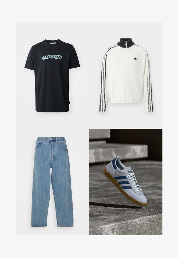 Valkoinen karvainen vetoketjuhuppari, jossa on korkea kaulus, musta Adidas-logo ja mustat raidat hihoissa. Pehmeä texture ja rento istuvuus.; Musta puuvillapaita lyhyillä hihoilla, jossa on kiiltävä, monivärinen "ADIDAS"-logo edessä. Klassinen pyöreä pääntie.; Vaaleansininen farkkutakki, jossa on korkea vyötärö ja renforceettu istuvuus, kahdella etutaskulla, takataskulla ja nappisululla.; Vaaleansiniset Adidas Spezial -lenkkarit tummansinisillä raidoin ja kumipohjalla, esitetty ilmassa betonportaiden yllä neutraalissa ulkoilmaympäristössä.