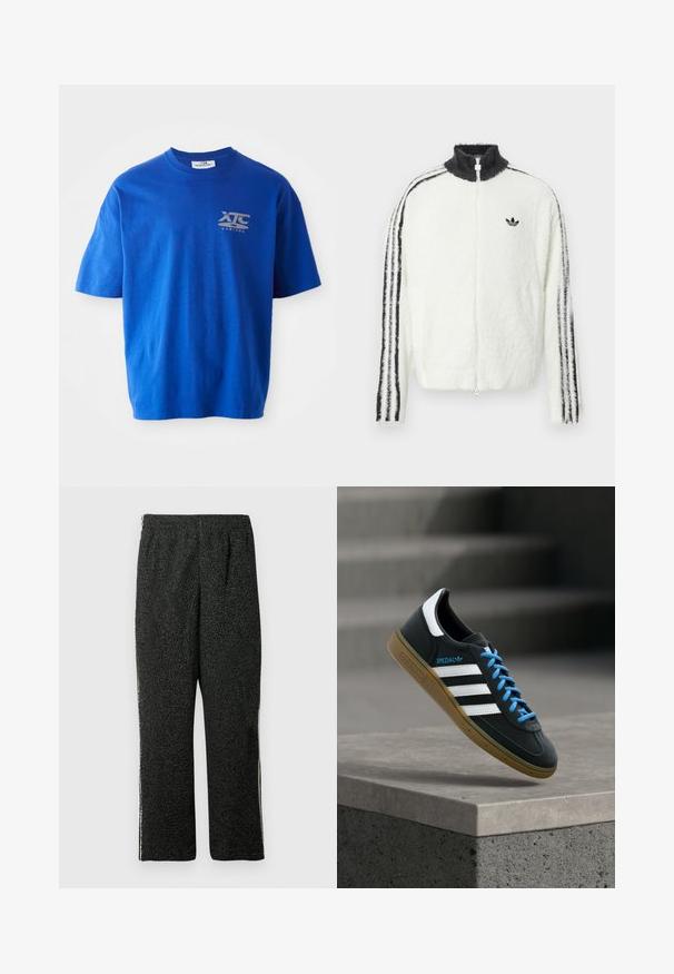 Karvane tõmblukuga jope valges värvuses, kõrge kraega, musta Adidas logo ja mustade triipudega varrukatel. Pehme tekstuur ja mugav lõige.; Sinine puuvillane T-särk lühikeste varrukatega, halli logoga vasakul ülal rinnal, ümara kaelusega ja lõdva lõikega.; Mustad tekstuuriga fliisist püksid elastse vöökohaga ja sirgete sääreosadega, valgel taustal.; Must Adidas toss valgete triibu, siniste paelte ja kummist tallaga, hõljuv pehme valgusega halli betoonastme kohal.