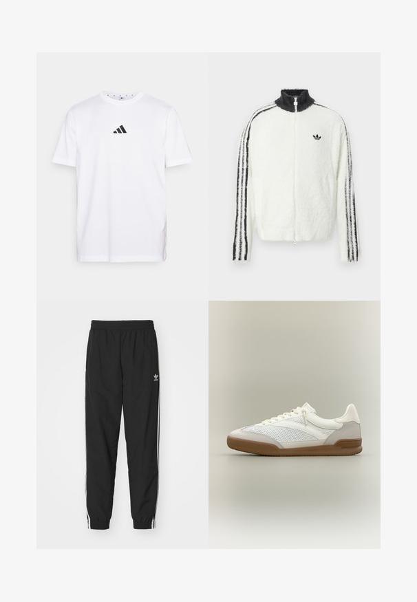 Fluffy zip-up jas in het wit met een hoge kraag, zwart Adidas-logo en zwarte strepen langs de mouwen. Zachte textuur en een ontspannen pasvorm.; Witte katoenen T-shirt met een klein zwart driehoekig logo op de borst, korte mouwen en een ronde halslijn. Eenvoudig en klassiek ontwerp.; Zwarte trainingsbroek met een elastische tailleband en boorden, voorzien van witte zijstrepen en een klein wit Adidas-logo op de linkse heup.; Witte en lichtgrijze lage sneaker met mesh- en suède panelen, witte veters en een bruine rubberen zool op een neutrale achtergrond.