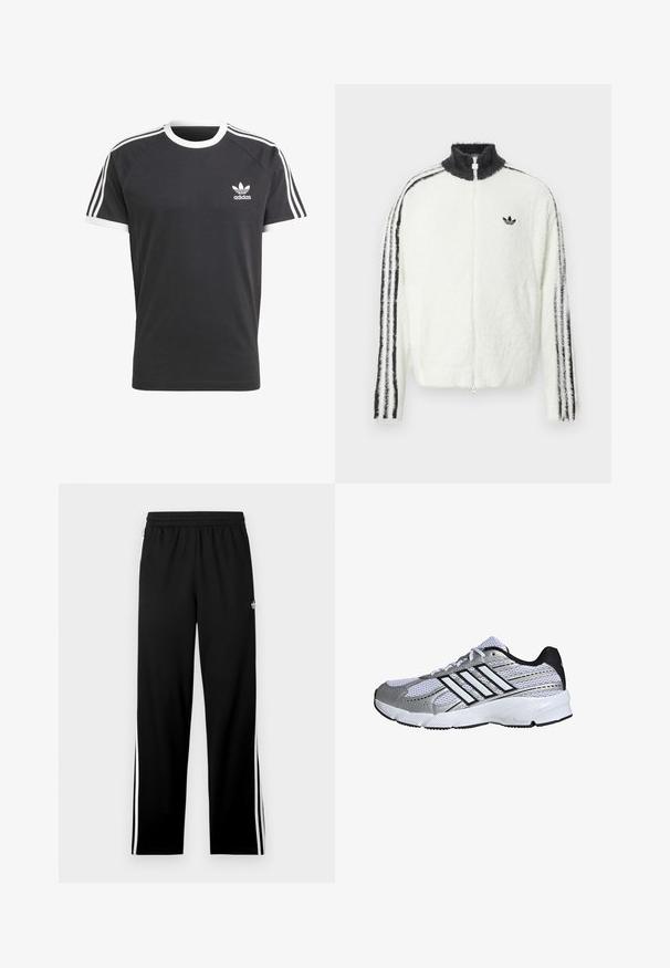 Fluffy zip-up jas in het wit met een hoge kraag, zwart Adidas-logo en zwarte strepen langs de mouwen. Zachte textuur en een ontspannen pasvorm.; Zwarte T-shirt met witte kraag en mouwtrims, voorzien van drie witte horizontale strepen op elke schouder en een klein wit Adidas-logo.; Zwarte sportbroek van meshstof met een rechte pasvorm, elastische tailleband en witte zijstrepen. Sportslogo zichtbaar.; Mesh sportieve schoenen in wit en zilver, met zwarte accenten, drie witte streeplogo, gevoerde kraag en een gestructureerde rubberen zool.