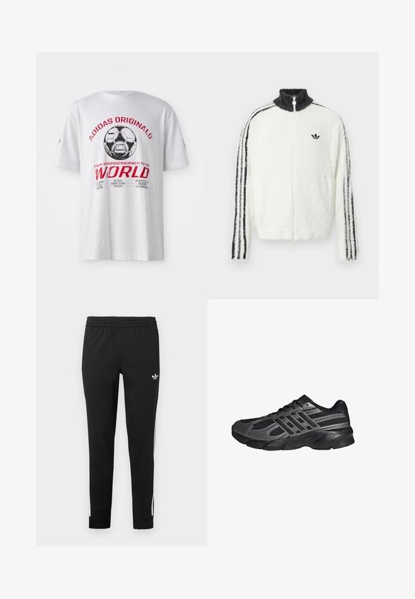 Fluffy zip-up jas in het wit met een hoge kraag, zwart Adidas-logo en zwarte strepen langs de mouwen. Zachte textuur en een ontspannen pasvorm.; Witte katoenen t-shirt met een gedrukt zwart en rood grafisch ontwerp van een voetbal en stadnamen. Korte mouwen, ronde halsontwerp.; Zwarte sportieve joggingbroek van gladde stof. Voorzien van een elastische tailleband, zijzakken en witte strepen langs de benen.; Zwarte sportschoenen gemaakt van mesh en synthetische materialen, met een getextureerd oppervlak, meerdere grijze strepen en een gevoerde kraag.