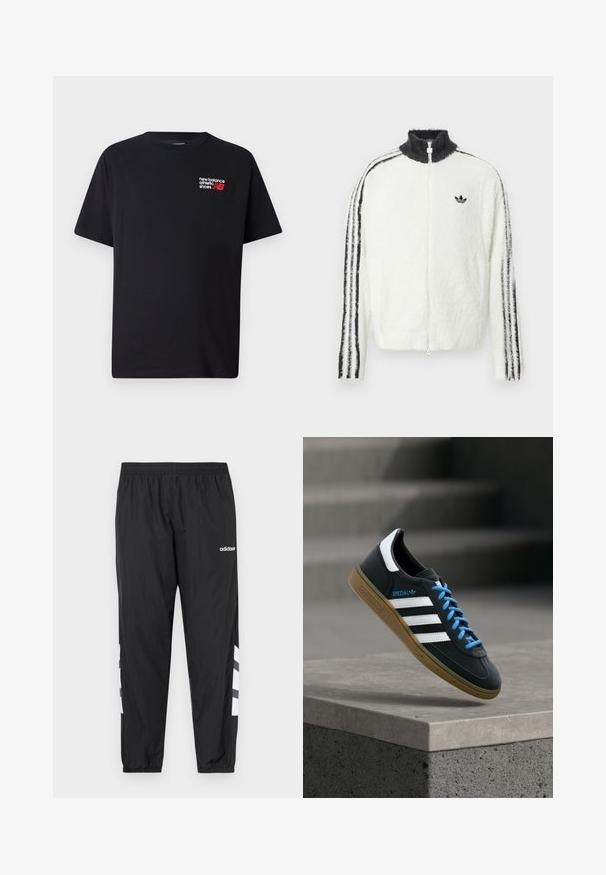 Flauschige weiße Zip-Jacke mit hohem Kragen, schwarzem Adidas-Logo und schwarzen Streifen an den Ärmeln. Weicher Stoff und entspannte Passform.; Schwarzes Baumwoll-T-Shirt mit Rundhalsausschnitt. Verfügt über ein kleines rotes und weißes "New Balance"-Logo und Text im oberen linken Brustbereich.; Schwarze Windbreaker-Hose mit elastischem Bund, zulaufenden Bündchen und weißem Drei-Streifen-Design an den Seiten. Hergestellt aus leichtem, glattem Material.; Schwarzer Adidas-Sneaker mit weißen Streifen, blauen Schnürsenkeln und Gummisohle, der über einer grauen Betontreppe im weichen Licht schwebt.