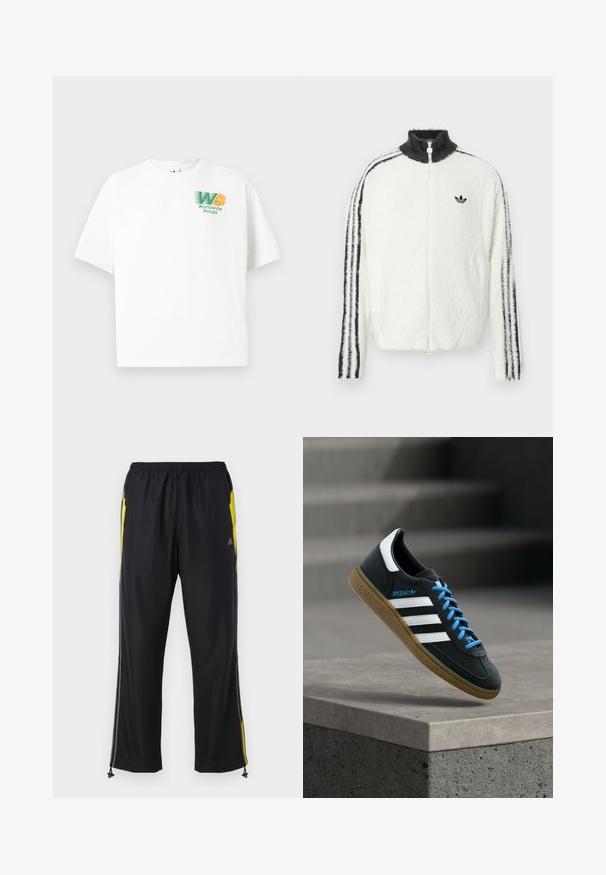 Valkoinen karvainen vetoketjuhuppari, jossa on korkea kaulus, musta Adidas-logo ja mustat raidat hihoissa. Pehmeä texture ja rento istuvuus.; Valkoinen puuvillapaita rentoa istuvuutta. Vasemmassa rinnassa on vihreä ja oranssi graafinen logo, jossa lukee "Worldwide Hoops."; Mustat urheiluhousut, joissa on keltaiset sivuakkentit, joustava vyötärö ja vetoketjulliset sivutaskut. Valmistettu kevyestä, sileästä kankaasta.; Musta Adidas-tennari valkoisilla raidoilla, sinisillä nauhoilla ja kumipohjalla kelluu pehmeässä valossa harmaan betonisen portaan yllä.