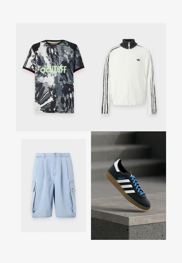 Plyšová zipsová bunda v bielej farbe s vysokým golierom, čiernym logom Adidas a čiernymi pruhmi po stranách rukávov. Mäkká textúra a voľný strih.; Tričko s krátkym rukávom a okrúhlym výstrihom so športovým strihom, s čiernym, bielym a šedým abstraktným potlačou; obsahuje neónovo zelené logo "adiTUFF" a ružové akcenty.; Svetlomodré denim cargo šortky s prednými záhybmi, bočnými vreckami s klopou, pútkami na opasok a zapínaním na gombík v páse.; Čierna teniska Adidas s bielymi pruhmi, modrými šnúrkami a gumovou podrážkou, ktorá sa vznáša nad sivým betónovým schodom v mäkkom svetle.
