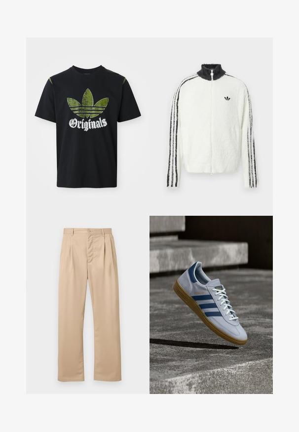 Furry lynlåsjakke i hvid med høj krave, sort Adidas-logo og sorte striber langs ærmerne. Blød tekstur og afslappet pasform.; Sort bomulds T-shirt med et slidt grønt grafik med tre striber og ordet "Originals" nedenfor i hvidt, rund halsudskæring, korte ærmer.; Beige bukser med lige ben, forreste læg, knaplukning, bæltestropper og en glat, krølletfri stofoverflade.; Lyseblå Adidas Spezial sneakers med marineblå striber og gummisål, vist i luften over betontrapper i et neutralt udendørsmiljø.