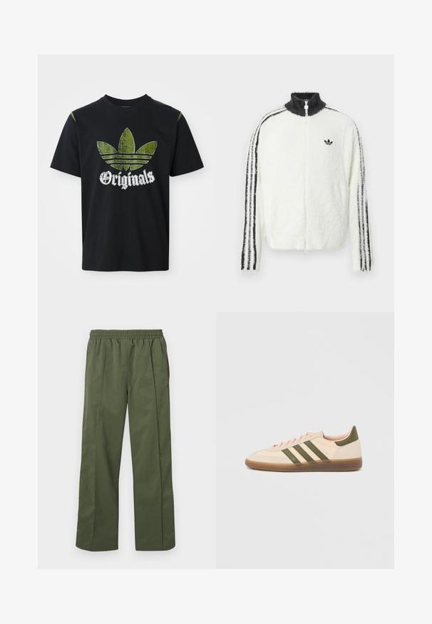 Plyšová zipsová bunda v bielej farbe s vysokým golierom, čiernym logom Adidas a čiernymi pruhmi po stranách rukávov. Mäkká textúra a voľný strih.; Čierne bavlnené tričko s roztrhnutým zeleným grafickým dizajnom so tromi pruhmi a slovom "Originals" pod ním v bielej farbe, okrúhly výstrih, krátke rukávy.; Zelené, ľahké nohavice s širokými nohavicami, elastickým pásom a bočnými vreckami. Hladká textúra s voľným strihom, navrhnuté pre pohodlie.; Nízky béžový tenisky Adidas Spezial so zelenými pruhmi, gumovou podrážkou a nápisom „SPEZIAL“ na boku, zobrazené z vonkajšej strany.