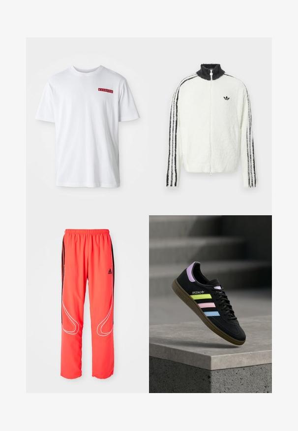 Valkoinen karvainen vetoketjuhuppari, jossa on korkea kaulus, musta Adidas-logo ja mustat raidat hihoissa. Pehmeä texture ja rento istuvuus.; Valkoinen puuvillapaita, jossa on pyöreä kaula-aukko, lyhyet hihat ja pieni punainen graafinen yksityiskohta vasemmassa rinnassa.; Punaiset urheiluhousut, joissa on väljä istuvuus, joustava vyötärönauha, mustat sivuraidat ja valkoinen piping-yksityiskohta lahkeiden varrella. Adidas-logo lantiolla.; Musta Adidas Spezial -lenkkari, jossa pastellin keltaiset, vaaleanpunaiset ja siniset raidat, laventelinvärinen kantalenkki ja ruskea pohja, leijuu betonireunan yläpuolella.