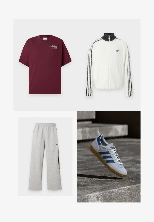 Chaqueta de felpa con cremallera en blanco, con cuello alto, logo de Adidas en negro y rayas negras a lo largo de las mangas. Textura suave y corte relajado.; Camiseta de manga corta burdeos hecha de algodón. Presenta un cuello redondo y un pequeño logo blanco de "adidas" con "SPORT DESIGN STUDIO" debajo.; Pantalones deportivos anchos de color gris claro con cintura elástica y logo negro de Adidas trefoil en el muslo derecho.; Zapatilla Adidas Spezial azul claro con rayas azul marino y suela de goma, mostrada en el aire sobre escalones de hormigón en un entorno exterior neutral.