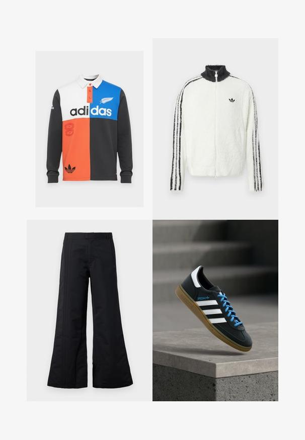 Furry lynlåsjakke i hvid med høj krave, sort Adidas-logo og sorte striber langs ærmerne. Blød tekstur og afslappet pasform.; Farvet opdelt langærmet polo shirt i sort, hvid, orange og blå, med krave, knaplukning og fremtrædende Adidas branding.; Sorte bredbenede bukser lavet af glat stof, med frontfolder og en talje. Rent design uden synlige mønstre eller dekorationer.; Sort Adidas sneaker med hvide striber, blå snørebånd og gummisål, der svæver over gråt betontrin i blødt lys.